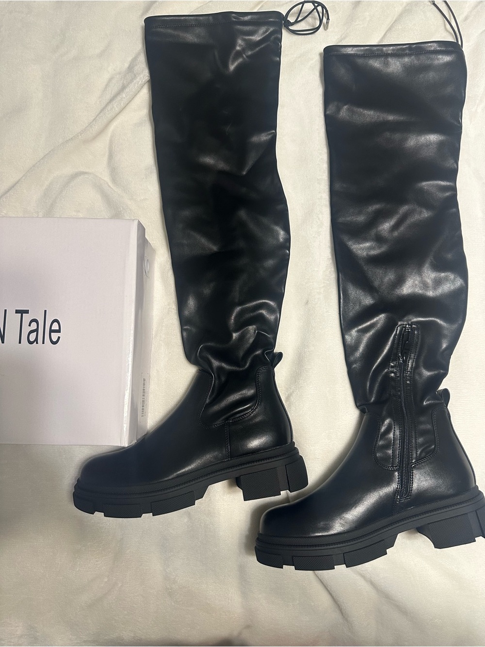 Black Knee-High Lug Sole Boots - Women with smudge